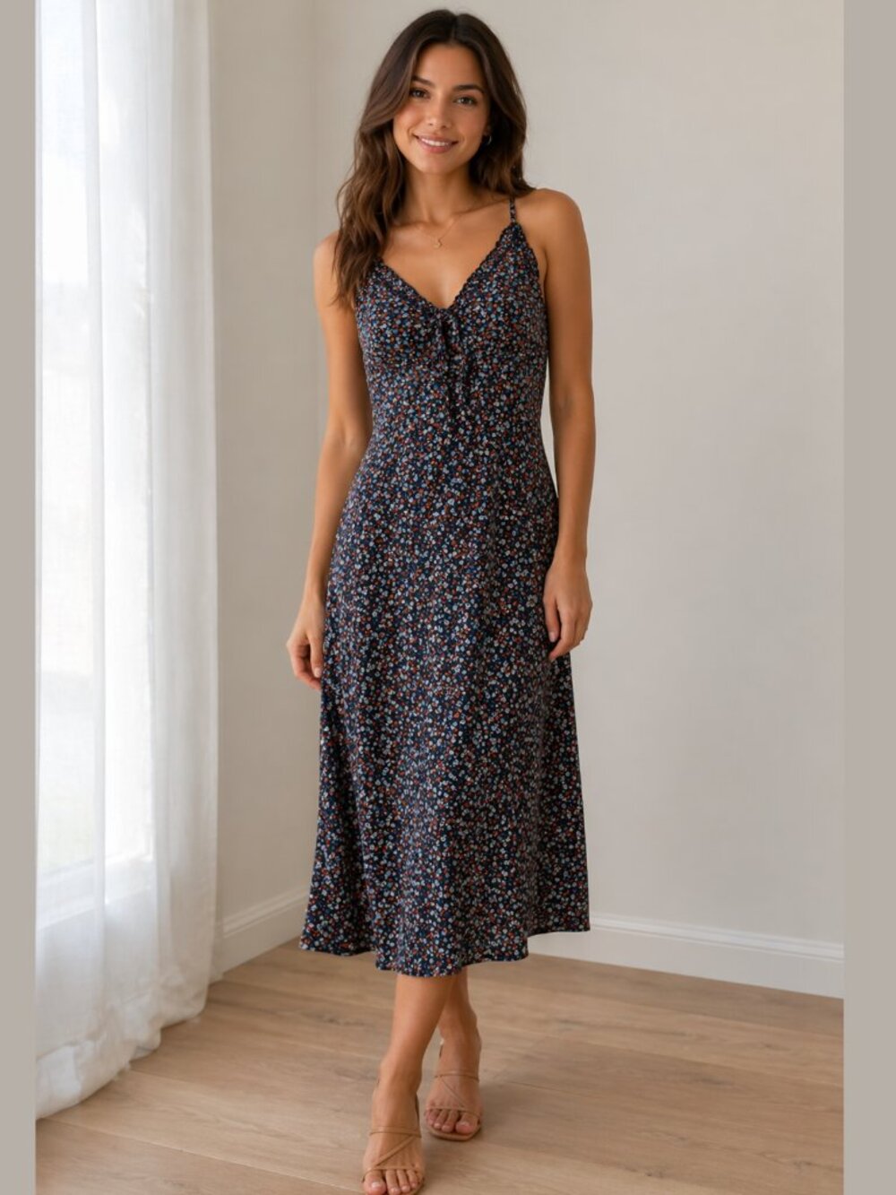 Wild Honey Midi Calf Length Long Navy Floral Print Criss Cross Strap Maxi Dress